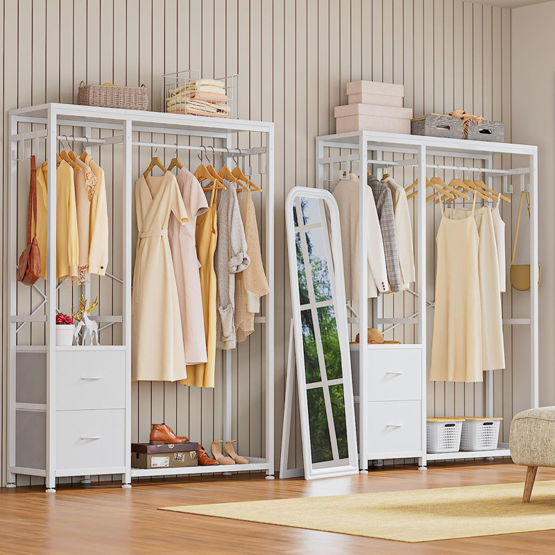 17 Stories Rylaey 47.24 Metal Clothes Rack Heavy Duty Garment Rack for Hanging Clothes Industrial Clothing Racks with Shelves 2 Fabric Drawers 4 Hooks 2 Hanging Rods Freestanding Closet Organizer Revi...